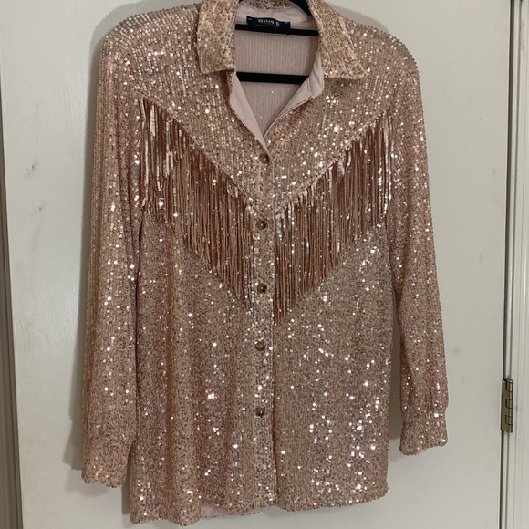 Blue B rose gold sequin fringe top size small worn once - Picture 2 of 8